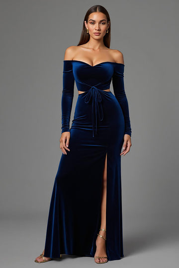 Off The Shoulder Navy Cut-Out Long Sleeve Velvet Formal Dress With Slit